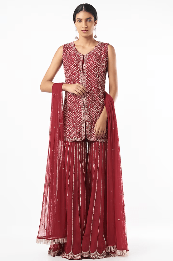 Red Diamond Embroidered Kurta Set