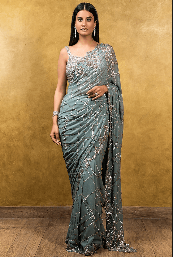 Jade Green Georgette Sequins Embroidered Saree Set