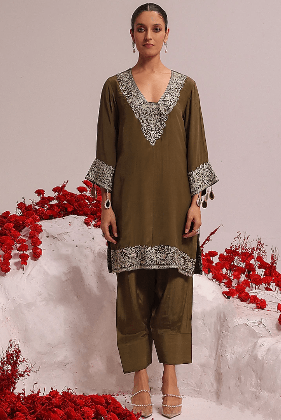 Olive Green Crepe Aari Work Kurta Set