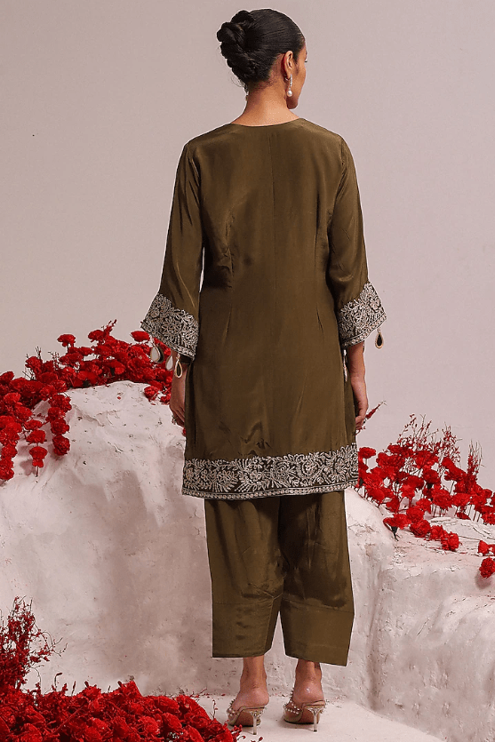Olive Green Crepe Aari Work Kurta Set - Image 2