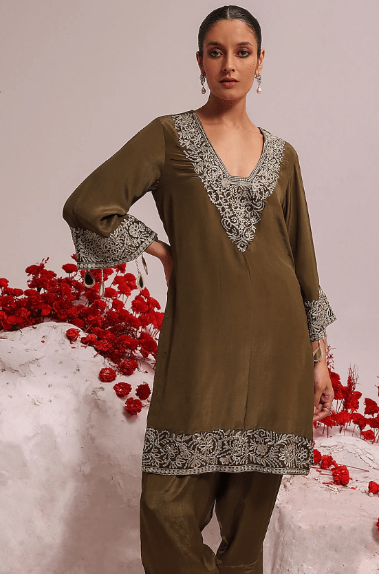 Olive Green Crepe Aari Work Kurta Set - Image 3