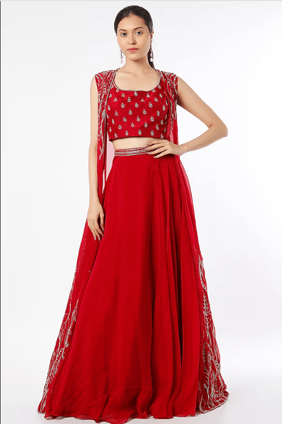 Red Viscose Organza Jacket Lehenga Set