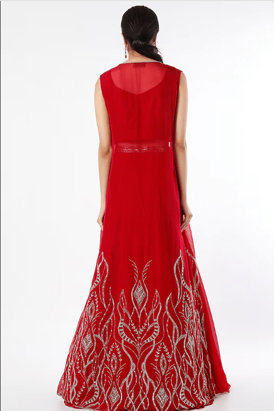 Red Viscose Organza Jacket Lehenga Set - Image 2
