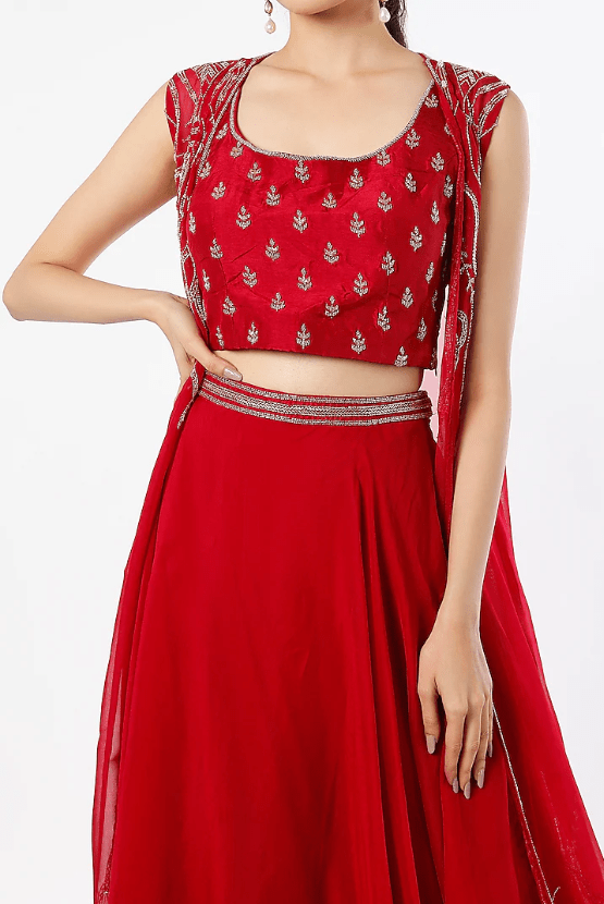 Red Viscose Organza Jacket Lehenga Set - Image 4