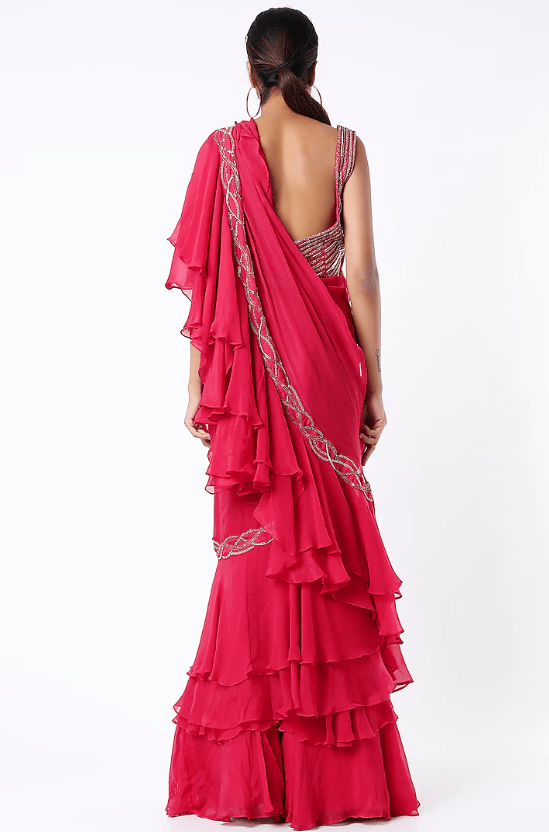 Red Hand Embroidered Pre-Draped Saree Set - Image 2