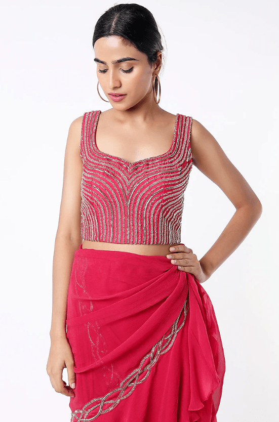 Red Hand Embroidered Pre-Draped Saree Set - Image 3