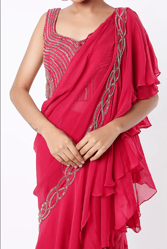 Red Hand Embroidered Pre-Draped Saree Set - Image 4