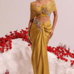 Yellow Georgette Printed Draped Skirt Set