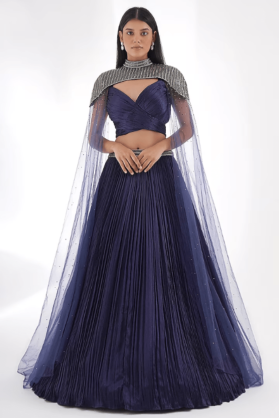 Navy Blue Chinon & Net Lehenga Set