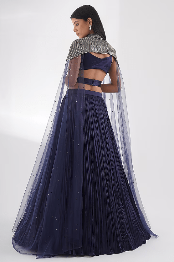 Navy Blue Chinon & Net Lehenga Set - Image 2