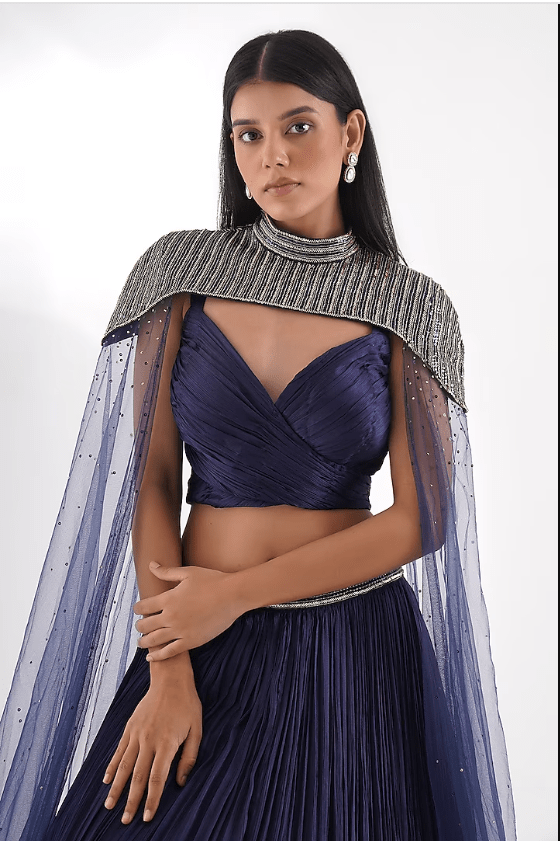 Navy Blue Chinon & Net Lehenga Set - Image 4