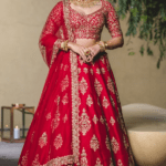 Crimson Raw Silk Gold Zari Embellished Lehenga Set