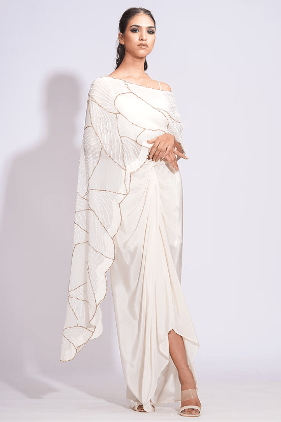 Off-White Crepe Draped Dhoti Skirt Set