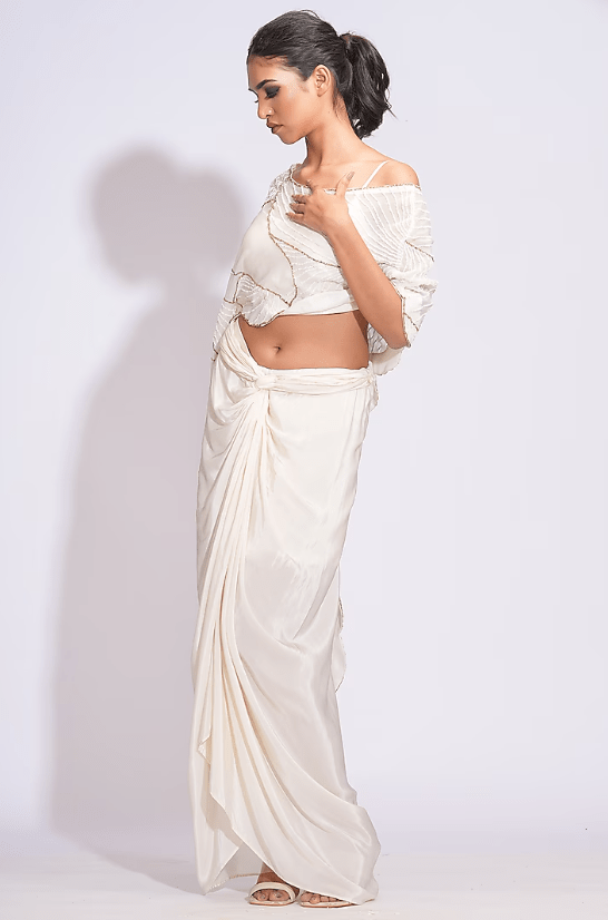 Off-White Crepe Draped Dhoti Skirt Set - Image 3