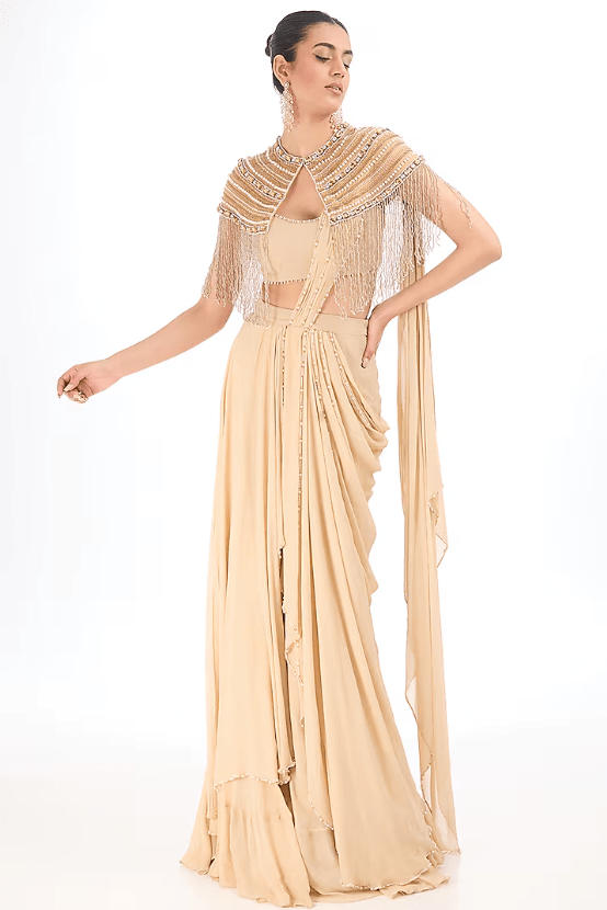 Fuchsia Georgette Jacket Saree Set