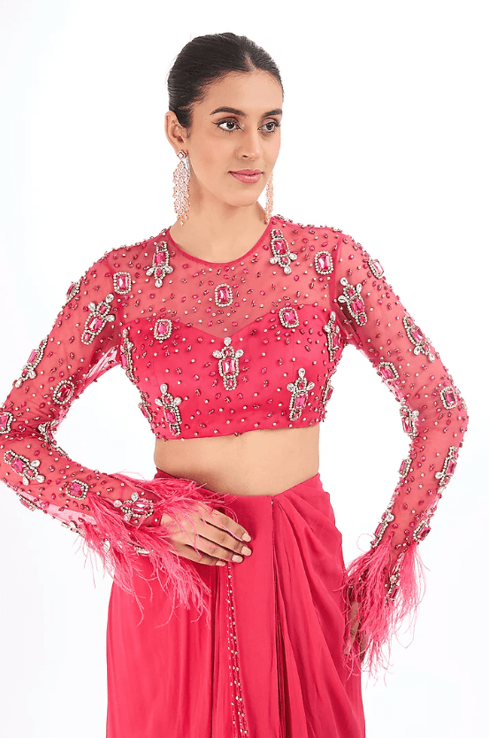 Fuchsia Georgette Saree Set - Image 3