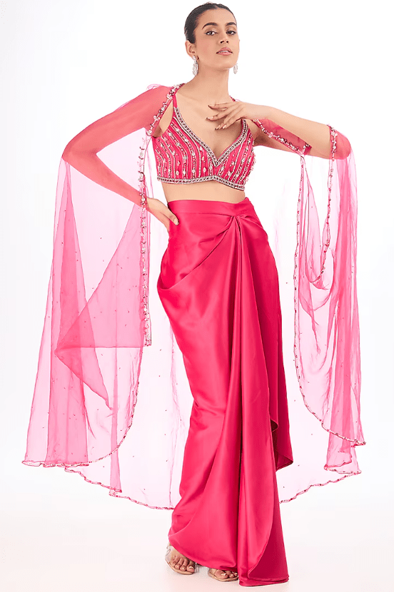 Fuchsia Heavy Satin Draped Skirt Set