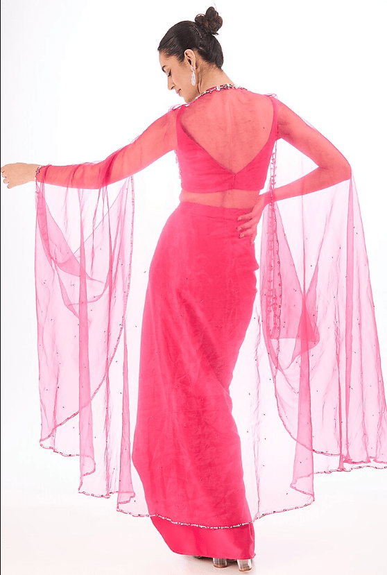 Fuchsia Heavy Satin Draped Skirt Set - Image 2