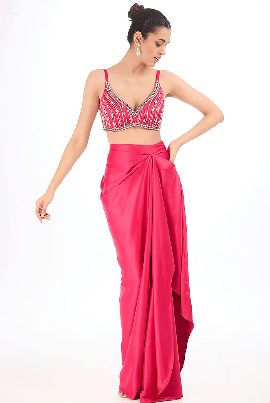 Fuchsia Heavy Satin Draped Skirt Set - Image 3