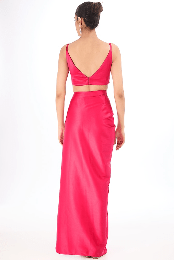 Fuchsia Heavy Satin Draped Skirt Set - Image 4