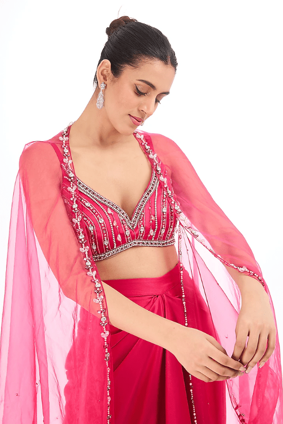 Fuchsia Heavy Satin Draped Skirt Set - Image 5
