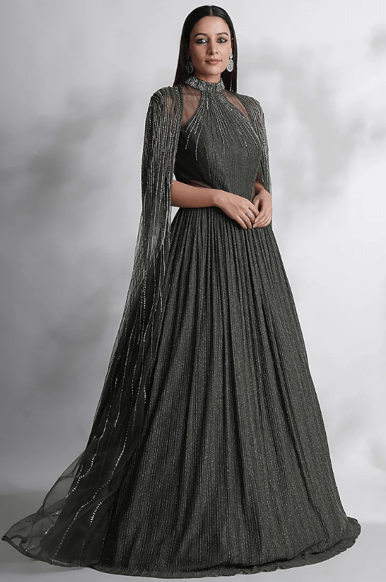Green Lycra & Satin Embroidered Gown
