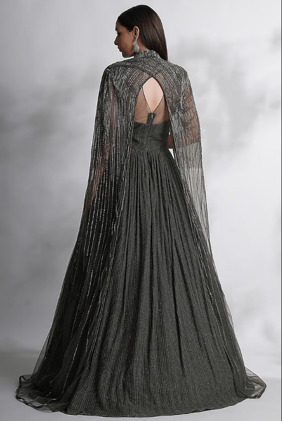 Green Lycra & Satin Embroidered Gown - Image 2