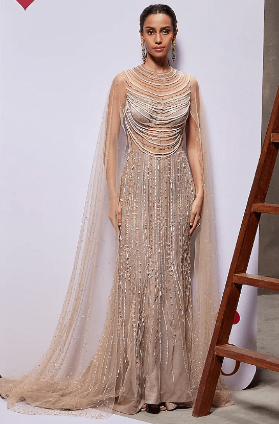 Beige Royal Georgette Foil Pearl Embellished Gown