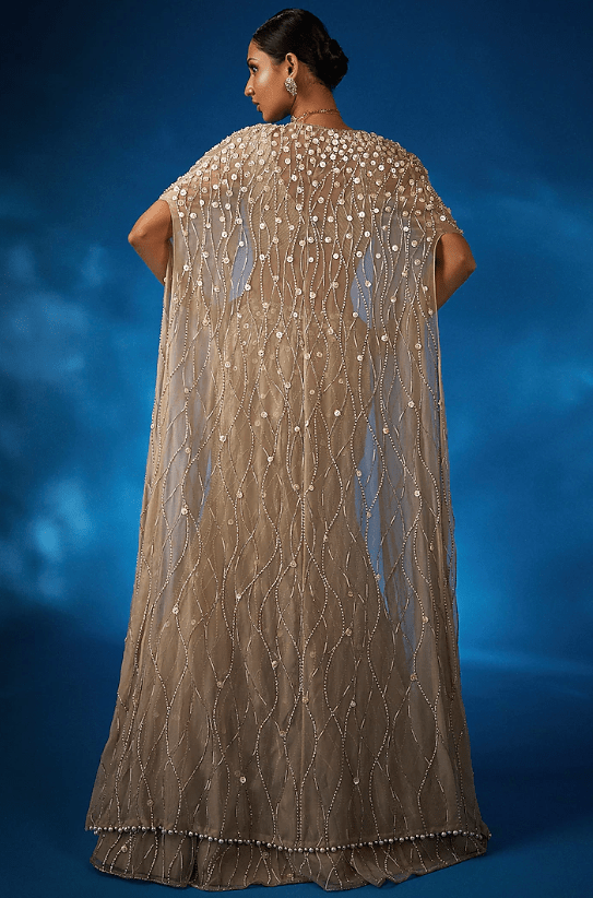 Champagne Net & Organza Embellished Jacket Lehenga Set - Image 2