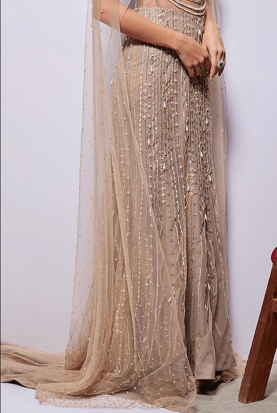 Beige Royal Georgette Foil Pearl Embellished Gown - Image 4