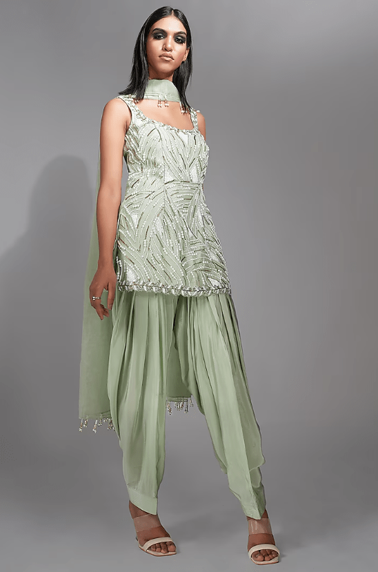 Sage Green Silk Pearl Hand Embroidered Kurta Set