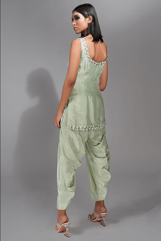 Sage Green Silk Pearl Hand Embroidered Kurta Set - Image 2