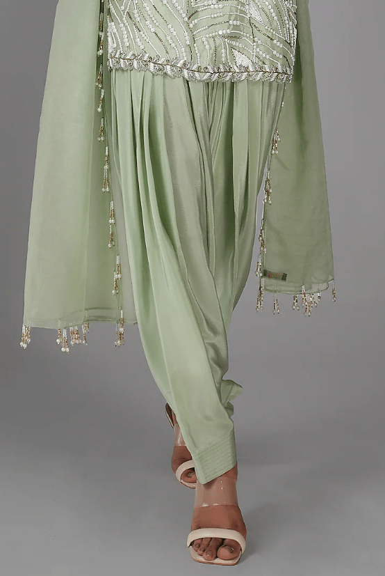 Sage Green Silk Pearl Hand Embroidered Kurta Set - Image 3