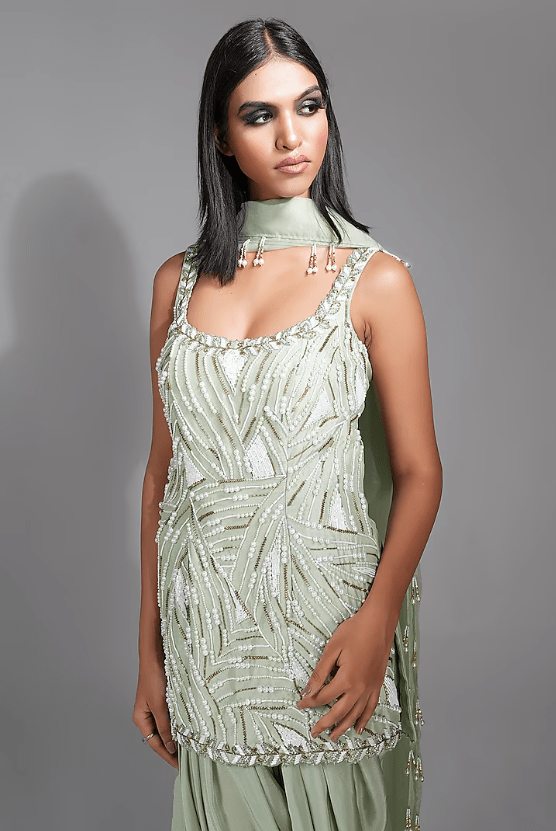 Sage Green Silk Pearl Hand Embroidered Kurta Set - Image 4