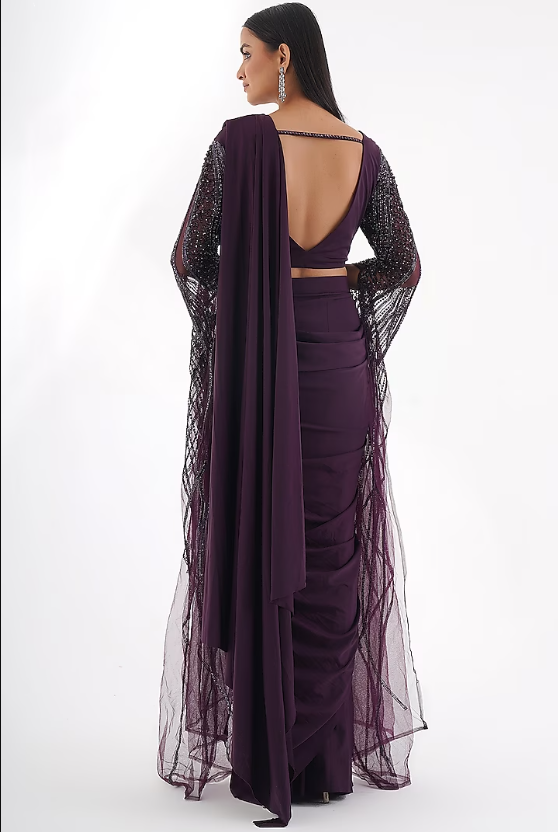 Purple Embellished Draped Saree - Image 2