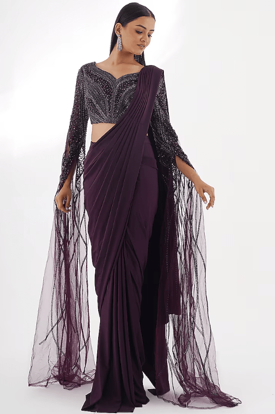 Purple Embellished Draped Saree - Image 4