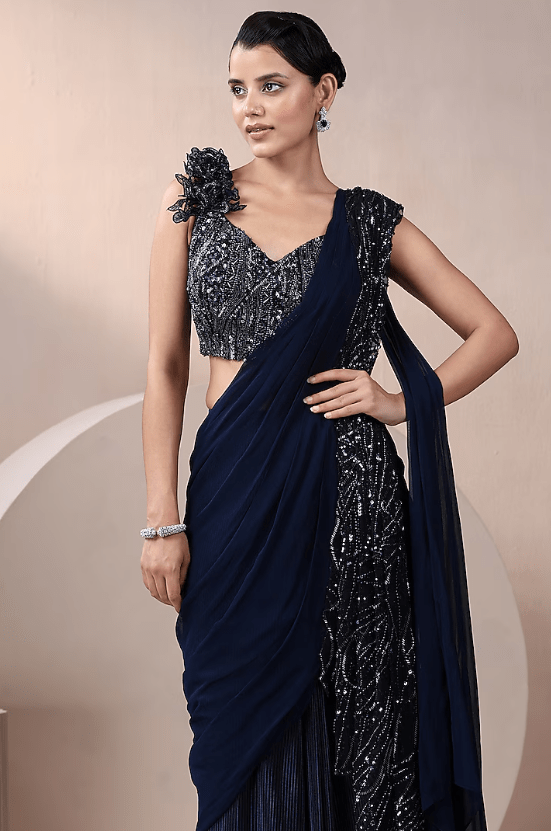 Navy Blue Wrinkled Lycra & Net Embellished Pre-Stitched Saree Set - Image 3