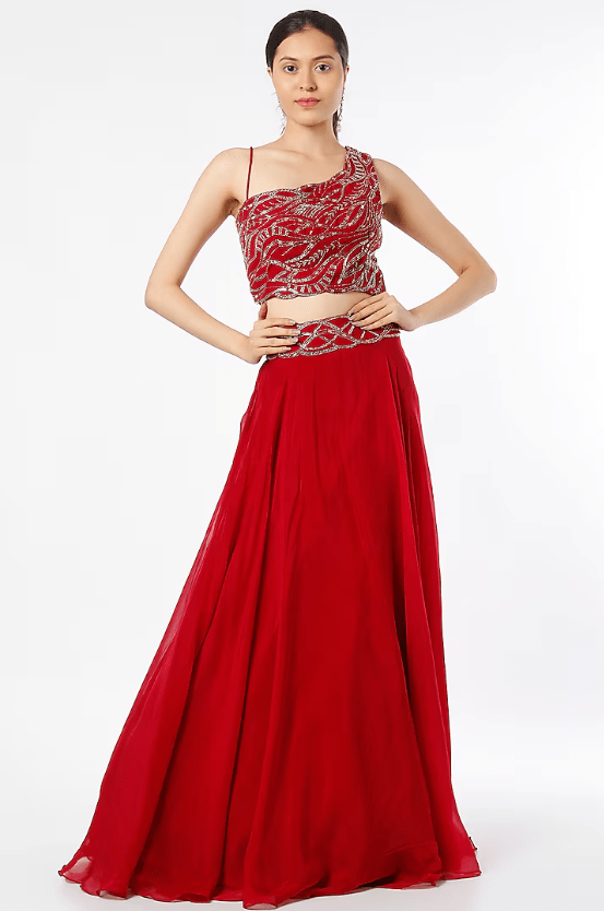 Red Viscose Organza Lehenga Set