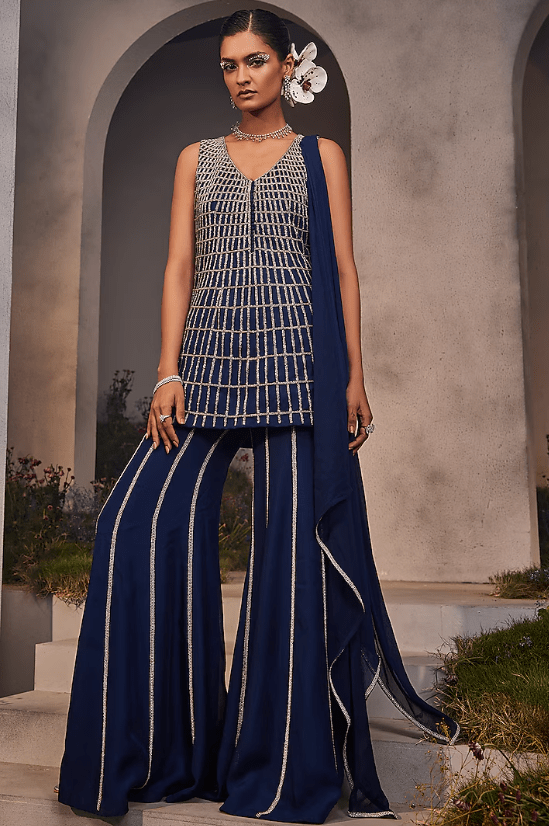 Electric Blue Organza Hand Embroidered Sharara Set