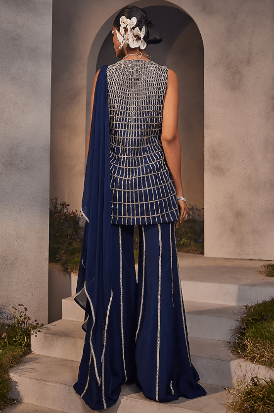 Electric Blue Organza Hand Embroidered Sharara Set - Image 2