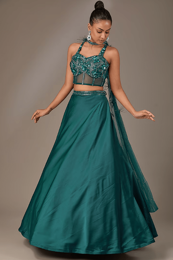 Teal Blue Milano Satin Sequins & Cutdana Embroidered Lehenga Set