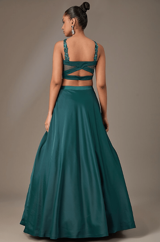 Teal Blue Milano Satin Sequins & Cutdana Embroidered Lehenga Set - Image 2