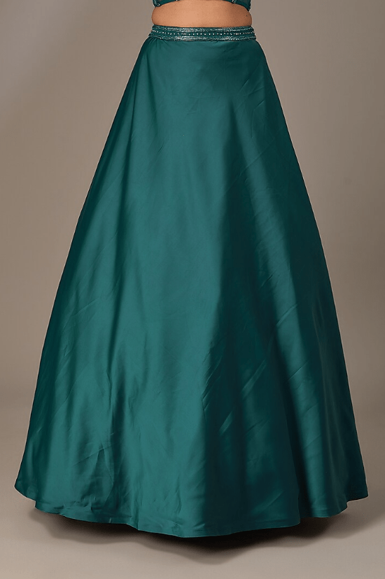 Teal Blue Milano Satin Sequins & Cutdana Embroidered Lehenga Set - Image 3