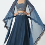 Midnight Blue Chiffon Floral Hand Embroidered Lehenga Set