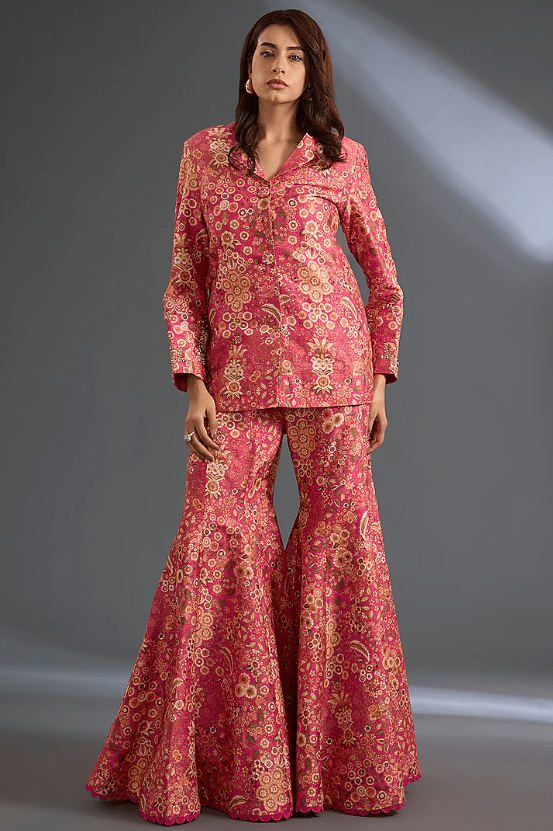 Fuschia Raw Silk Printed Jacket Set