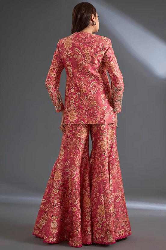 Fuschia Raw Silk Printed Jacket Set - Image 2
