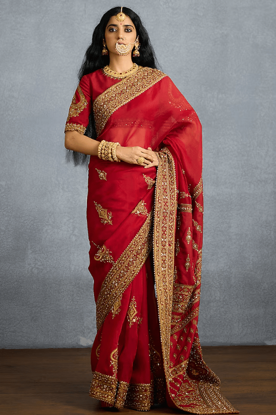 Red Jeni Silk & Organza Embroidered Saree