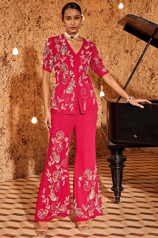 Hot Pink Georgette Floral Embroidered Jacket Set