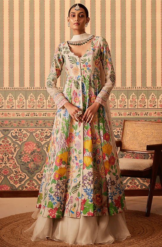 Mint Green Silk & Organza Thread Hand Embroidered Jacket Lehenga Set