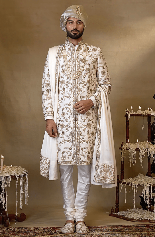 Off-White Silk Embroidered Sherwani Set